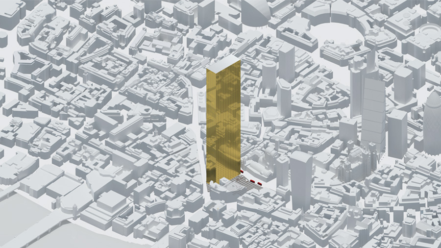 The Ingot, a proposal by the REAL Foundation for a gold-plated tower sited next to London Bridge, and designed to house low-paid, precarious workers.
